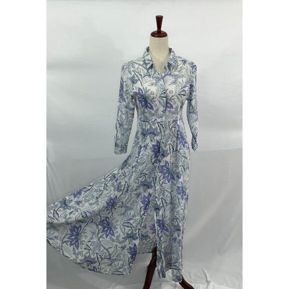 JULIA AMORY Sz S Small Aegean Chintz Maxi Shirt Dress Cotton Purple Blue Floral - Picture 7 of 12